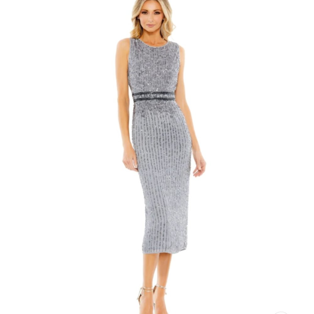 SLEEVELESS HIGH NECK BEADED MIDI SHEATH DRESS Color Platinum 2 New With Tags
